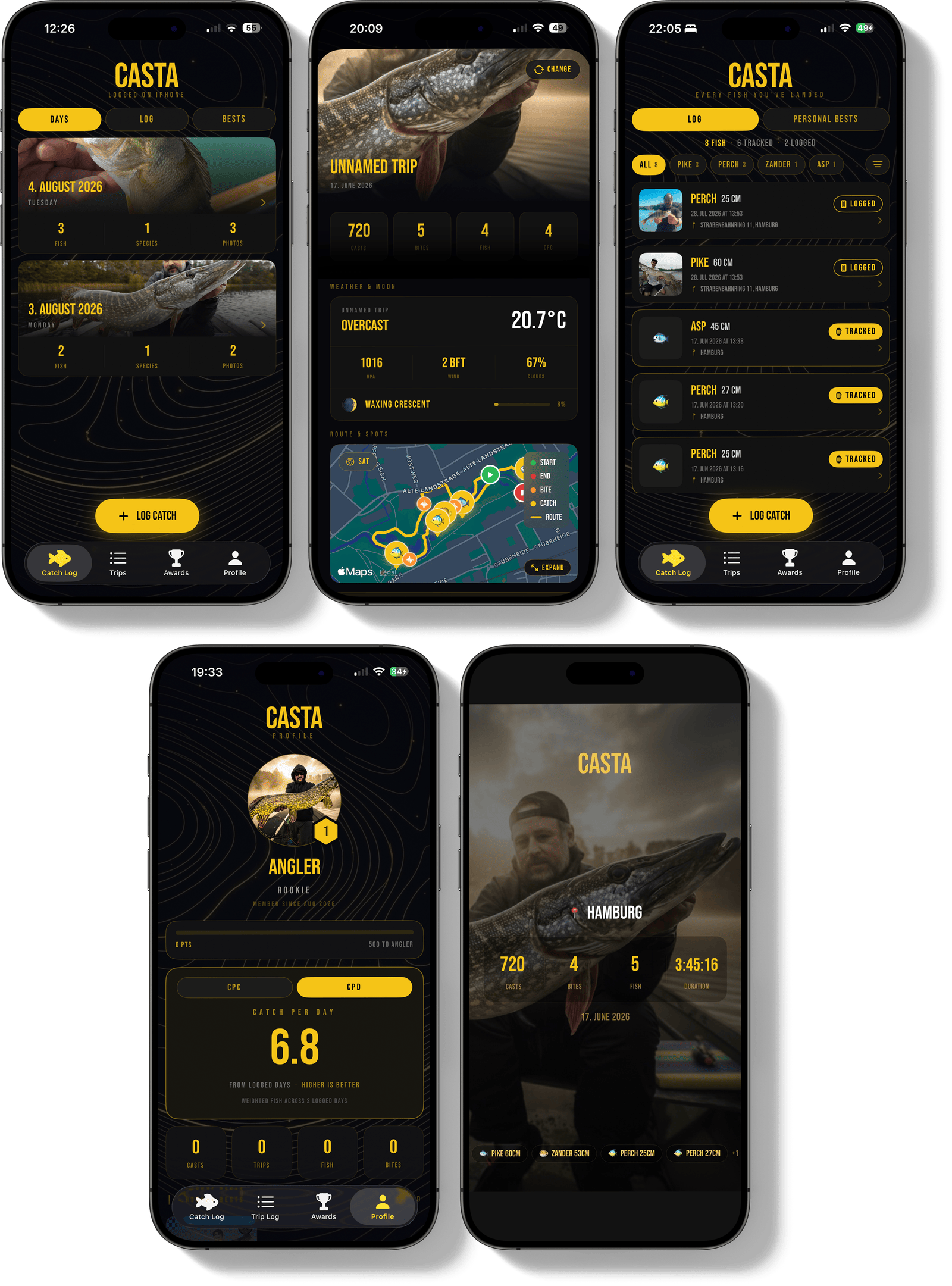 Übersicht der CASTA App: Angeltage, Trip-Detail mit Karte, Fangliste, Profil und Fangkarte